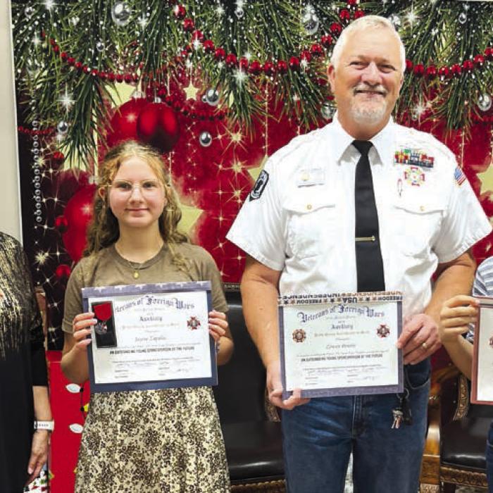 VFW Post 5254 and Auxiliary of La Grange 2024 Patriot’s Pen winners with presenters from left, VFW Auxiliary President Marilyn Kothmann, second place winner Jaycee Zapalac, Contest Chairman and Commander Richard Gray, third place winner Connor Fricke, and not present was first place winner Zowen Pereiro.