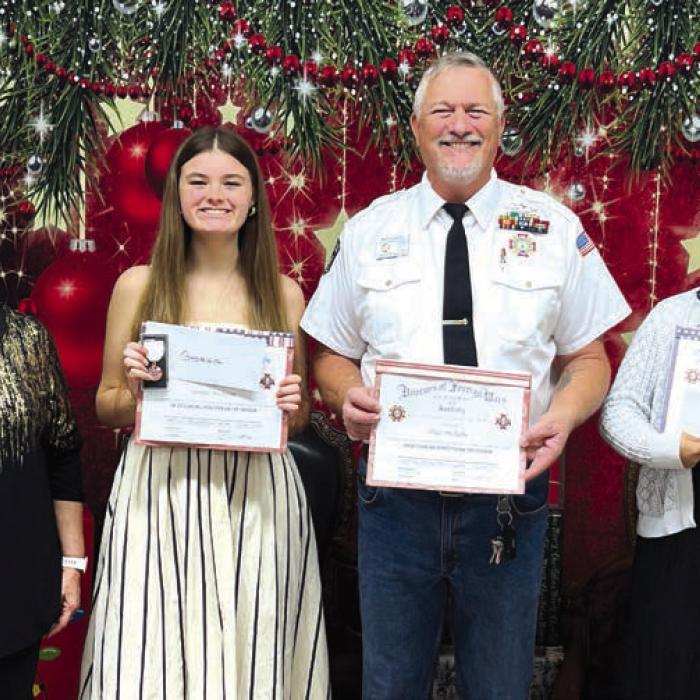 VFW Post 5254 and Auxiliary of La Grange 2024 Voice of Democracy winners with presenters from left, VFW Auxiliary President Marilyn Kothmann, third place winner Georgia Bockman, Contest Chairman and VFW Commander Richard Gray, second place winner Elizabeth Castillo, and not present was first place winner Hope Michalke.
