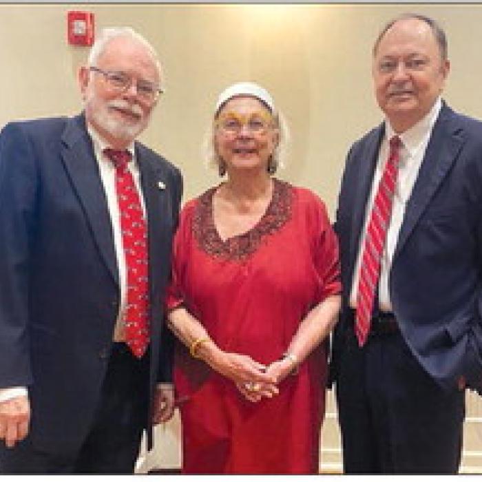 Fayette County 250th Committee Chairman, Larry Jackson and the Honorable Judge Dan Mueller pose with Sarah Mabry, Charter Member and the 1976 Organizing Regent of the Smith-McMillan Chapter, NSDAR.