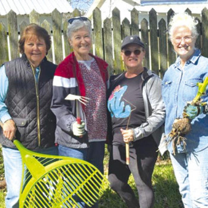 The Faison House took two days to get spring ready. Pictured from left: Dana Sternadel, Cindy Hahn, Sherri Ahart, and Mary Battle. Not pictured: Jeanette Huelsebush.