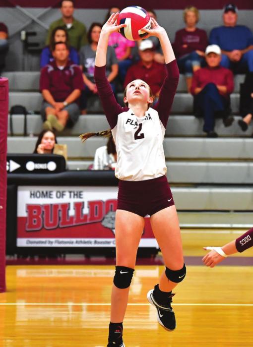 Flatonia’s Macy Bonds sets up the ball for a Lady Bulldog hitter in Friday’s win over Shiner. Photo by Stephanie Steinhauser