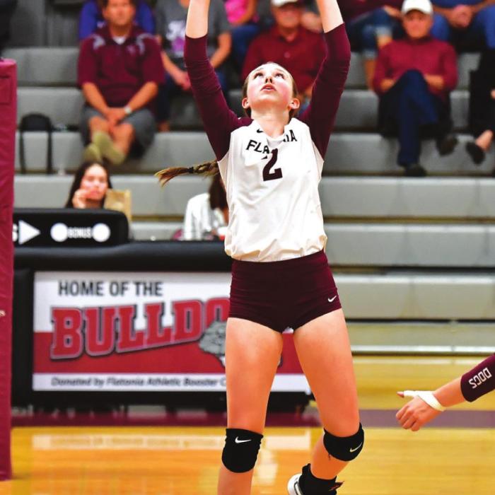 Flatonia’s Macy Bonds sets up the ball for a Lady Bulldog hitter in Friday’s win over Shiner. Photo by Stephanie Steinhauser