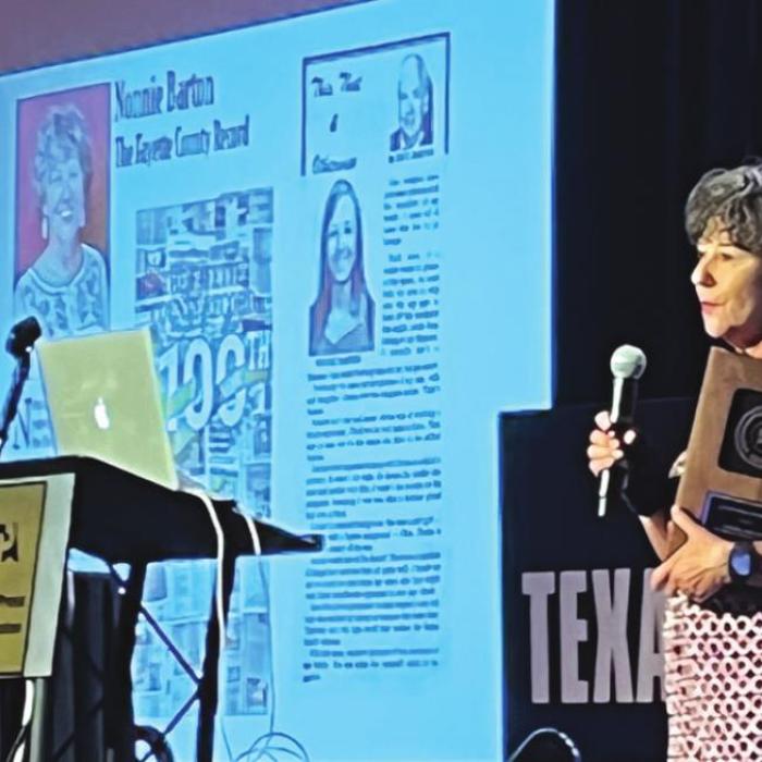 Nonnie Barton addresses the crowd in San Marcos after receiving her Golden 50 award Friday.