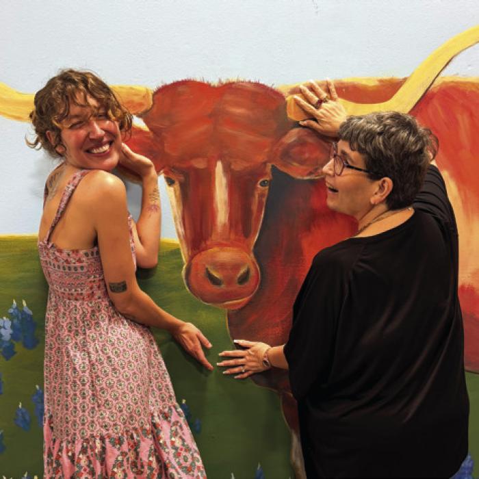 Bianca and Lynda admiring Bevo. Some of the residents started calling him Bevo after the UT mascot.