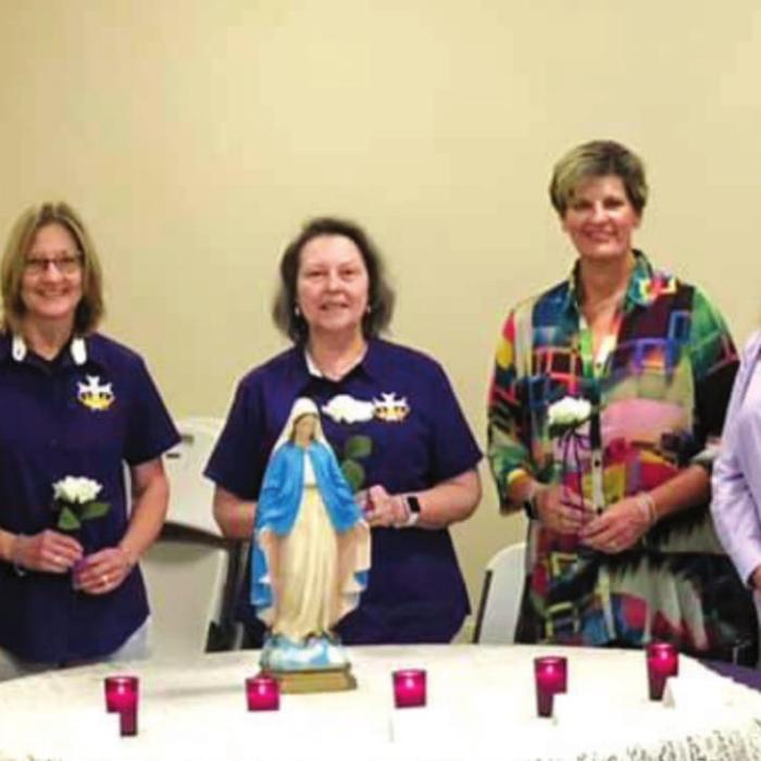 Court Annunciation No. 1962, La Grange, newly elected officers for the 2020-2022 term are from left, Recording Secretary Mary Lou Anderle, Vice Regent Carolyn Weishuhn, Regent Shirley Antosh, Financial Secretary Marilyn Kothmann, Treasurer Judy Evanicky, Installing Officer District Deputy No. 11 Janet Purdy and Chaplin Fr. Alberto Carbajal Madera.