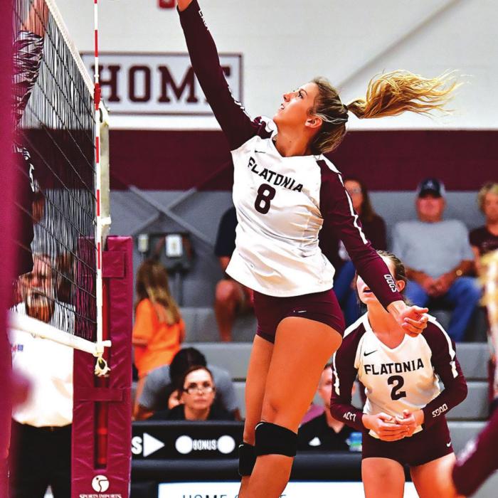 Braidy Fike goes up for a hit in Tuesday’s home volleyball game against Hallettsville. Photo by Stephanie Steinhauser