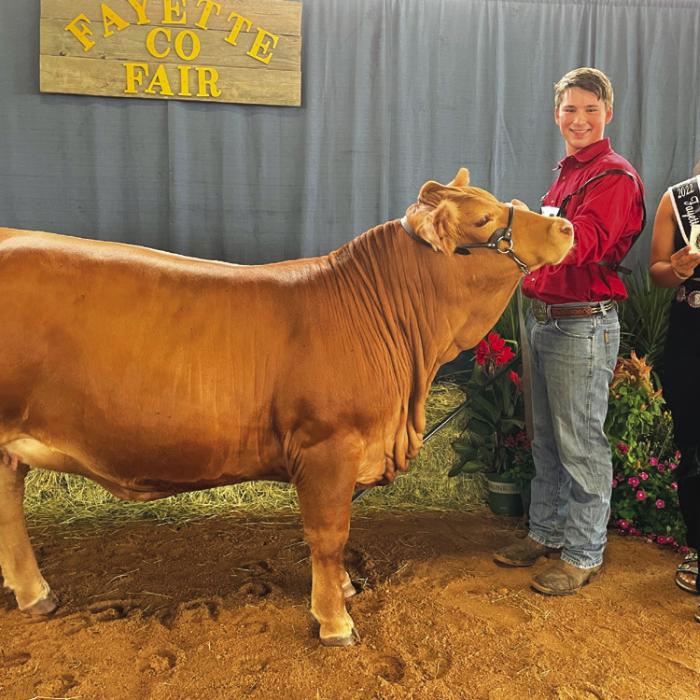 JUNIOR BEEF BREEDING SHOW AMERICAN GRAND CHAMPION Cooper Mau with Fayette County Fair Queen Teagan Branch