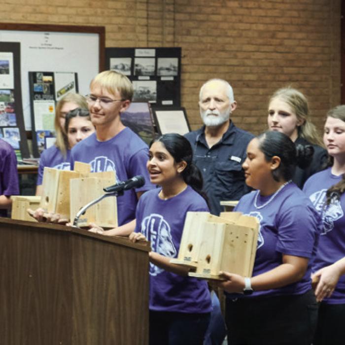 The La Grange High School Leo Club presented a set of birdhouses to the La Grange City Council Monday night, April 8. The birdhouses will be installed in the new Hope Hill Park. Photo by Andy Behlen