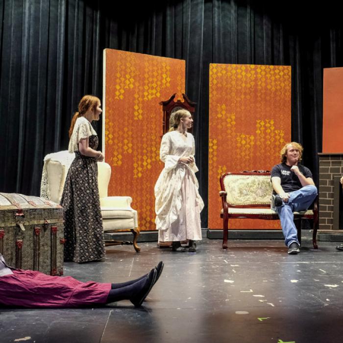 Fayette County Community Theatre student actors rehearse a scene from Little Women, which will be performed at the LGISD Performing Arts Center July 24-26. Pictured (from left) are Eden Nichols as Jo, Molly Hudson as Marmee, Sarita Kinsey as Meg, Jeremiah Lenhart as Laurie and Lou McCain as Old Mr. Laurence. Photo by Andy Behlen