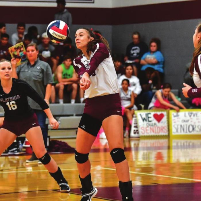 Flatonia’s Ellie Fike passes up for The Lady Bulldogs in Tuesday’s match with Ganado. Photo by Stephanie Steinhauser