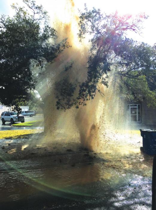 A column of water shot out of the ground and through the canopy of a tree after an old cast iron water pipe broke Monday afternoon in La Grange. Photo courtesy of City of La Grange