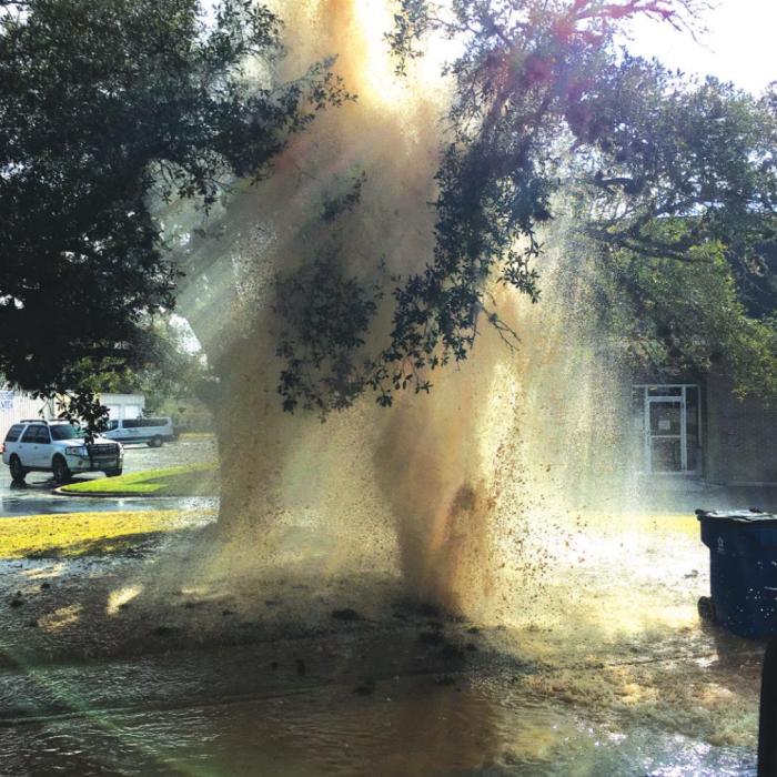 A column of water shot out of the ground and through the canopy of a tree after an old cast iron water pipe broke Monday afternoon in La Grange. Photo courtesy of City of La Grange