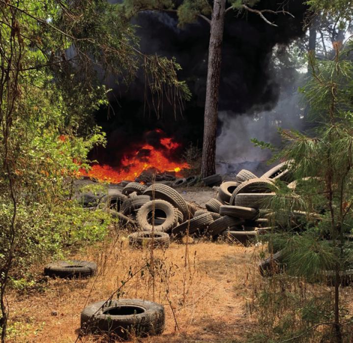 A large number of tires were among the debris that burned in the fire Thursday. Photo by Pct. 1 Commissioner Jason McBroom