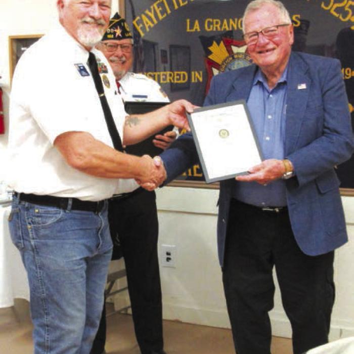 Citation for Honorable Service as the Post Sergeant at Arms was presented to Weldon Koenig by Post Commander Richard Gray.