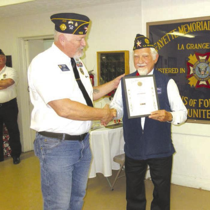 The American Legion Silver Medal was awarded to John D. Marburger for his many years of outstanding service as Post Judge Advocate &amp; Boys State Chair by Post Commander Richard Gray.