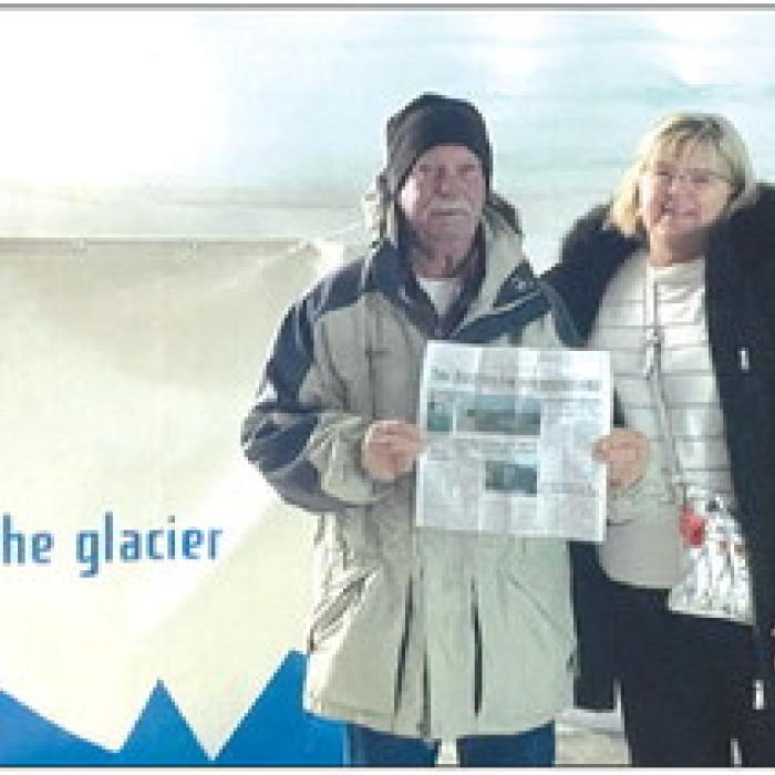 Gary and Betty Pior of Round Top inside the longest man made cave in the Langjokull Glacier near Reykjavik, Iceland. Enjoying the Fayette County Record.