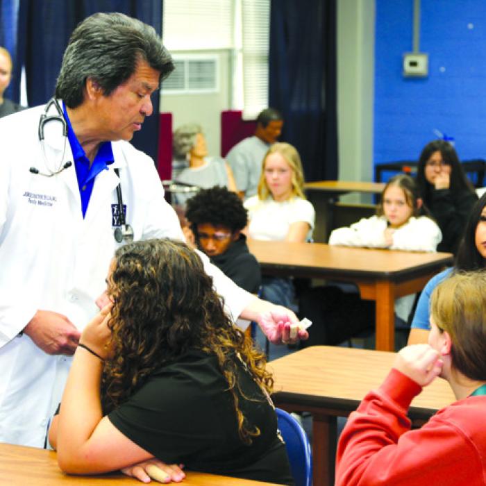 Dr. Jorge Duchicela, a family medicine practitioner with Youens &amp; Duchicela Clinic in Weimar, presents a program on health sciences at Career Quest held at the Blinn-Schulenburg Campus recently.
