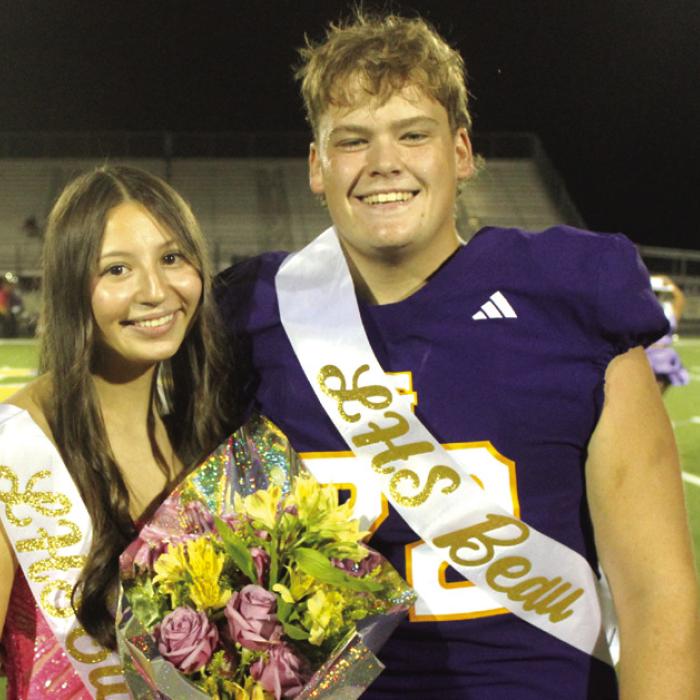 Above, left: With a flaming LG behind them, seniors stand at attention during the National Anthem at the community pep rally Wednesday. Above, right: Seniors release balloons at the conclusion of Wednesday’s pep rally. Right: At halftime of Friday’s football game, Aaliyah Cruz and Trey Brumley were crowned LHS Sweetheart and LHS Beau. More homecoming coverage on Page B1-2 today. Photos by Jeff Wick