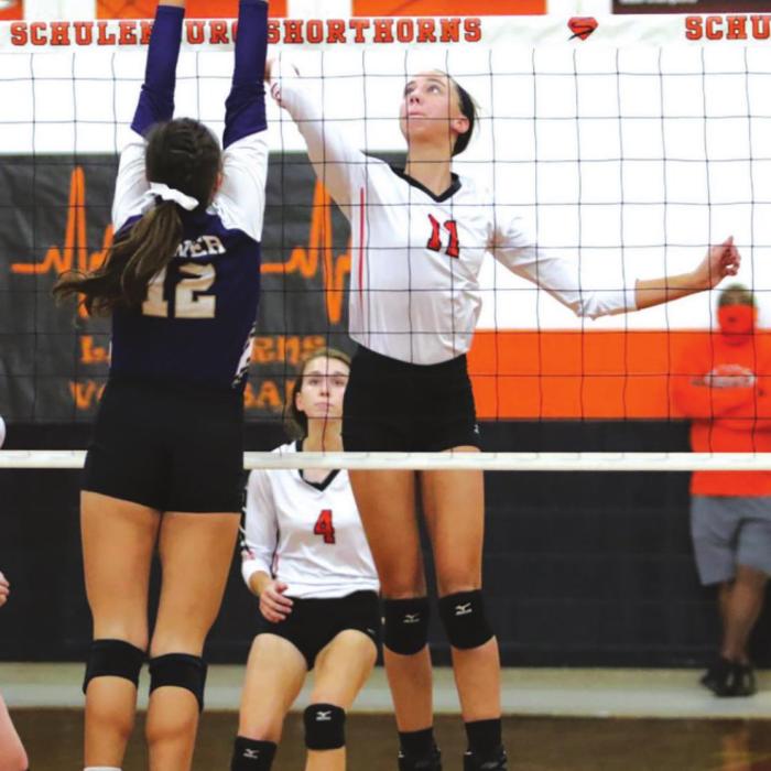 Schulenburg’s Meredith Magliolo jumps to the ball in Tuesday’s victory over Shiner. Photo by Audrey Kristynik