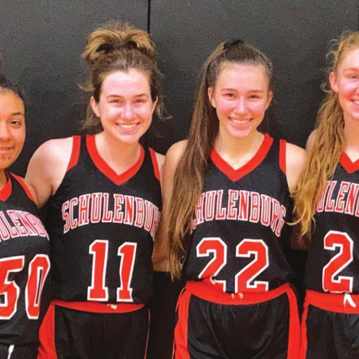 Tuesday’s victory by Schulenburg gave five Lady Horn seniors 100 career high school basketball victories. From left to right: Lidia Lara, Morgan Marburger, Julie Guentert and Erica Otto. Not Pictured was Emily Rodriguez.