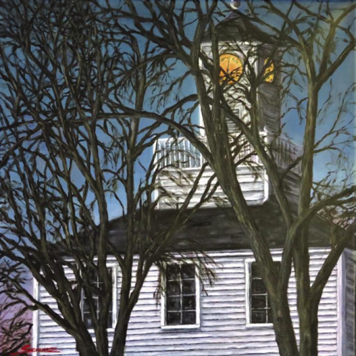 A pair of iconic Fayetteville locations. The painting on the left by Steve Shultz is called “Old Friend” and right is “Songs in the Night”