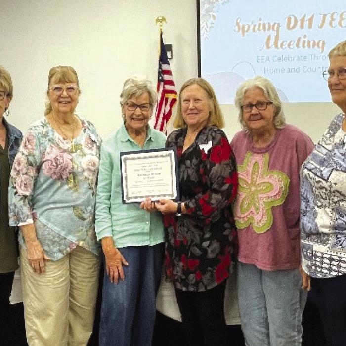 Accepting Walhalla EE 90th Year Club Award left to right: Sally Garrett, County Extension Agent-FCH; Janice Alexander, Lila Garlin, Donna Burton, Helen Wagner, Walhalla Club EE Members and Knellen Quinteros, District 11 EE Director.