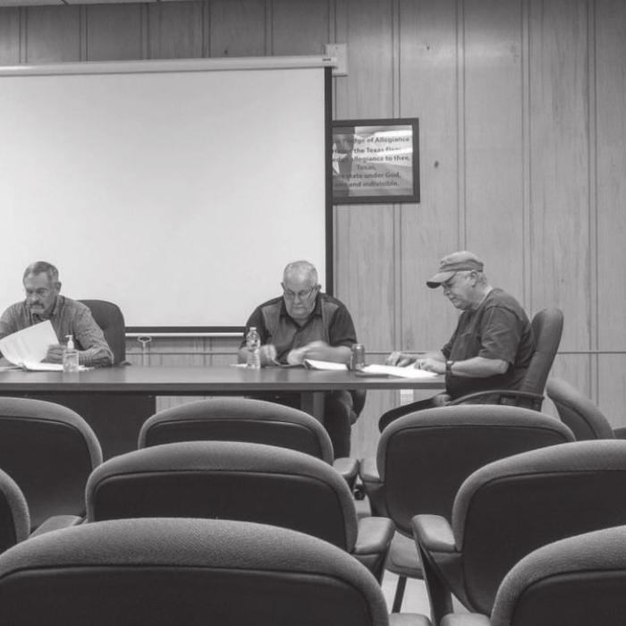 Flatonia City Council held a meeting before a mostly-empty Council chamber Tuesday night, Dec. 9. Pictured (from left) are Councilwoman Catherine Steinhauser, Councilwoman Ginny Sears, Councilman Dennis Geesaman, Councilman Allen Kocian, Mayor Bryan Milson and Councilman Mark Eversole. Photo by Andy Behlen