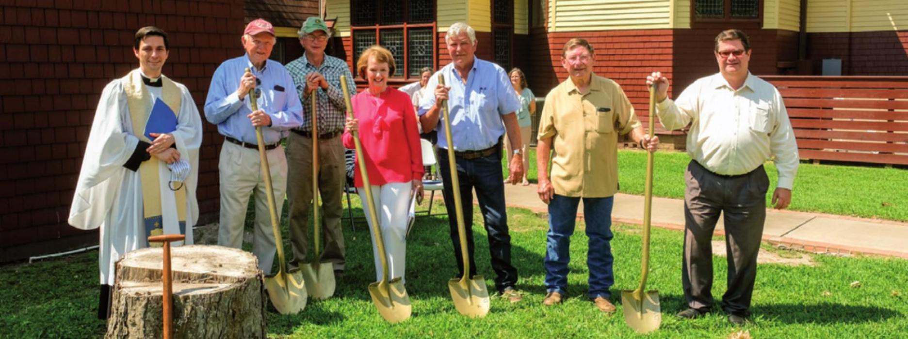 Members of the St. James Episcopal Church Construction Committee: (from left) Fr. Eric Hungerford, Mel Glasscock (chairman), James Cauble, Carol Helms, Joe Gaeke of Gaeke Construction, Chuck Gibson and Joe Jameson. Photo by Andy Behlen