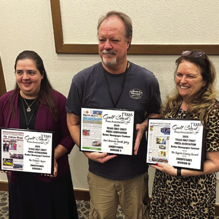 Sweepstakes winners in the Texas Gulf Coast Press Association’s annual newspaper contest, awarded Saturday in New Braunfels – Left to right: Melanie Berger of the Flatonia Argus in the small weekly division, Dan Parker of the Port Aransas South Jetty in the large weekly division, and Regina Keilers of The Fayette County Record in the semi-weekly division.