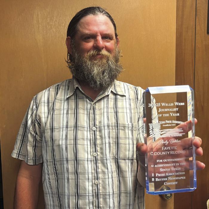 Record reporter Andy Behlen won the South Texas Press Association’s Willis Webb Journalist of the Year Award for a collection of his articles from 2024. This was his second time to win the award.