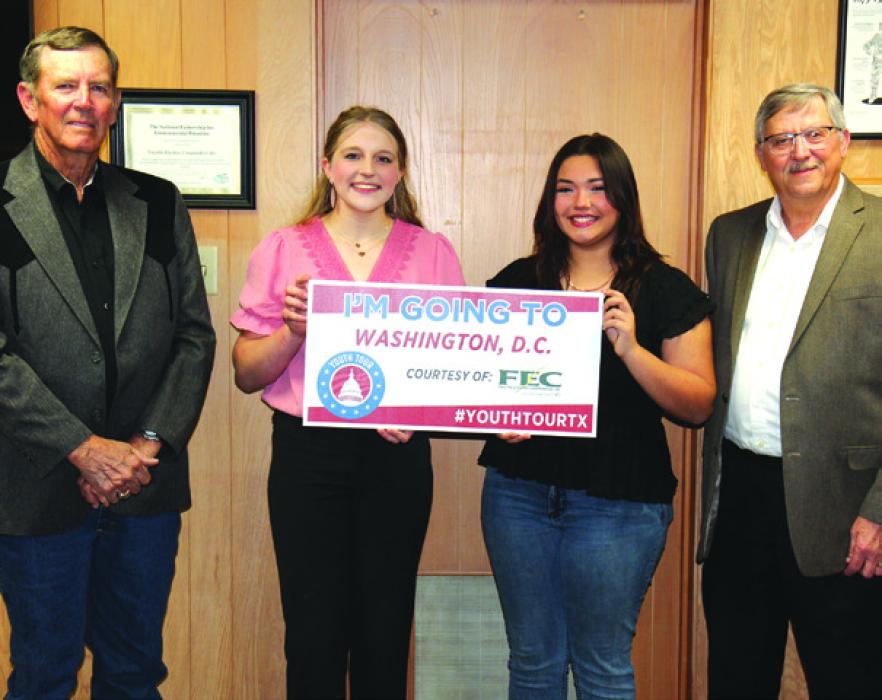 FEC Board President David Lehmann, left, and FEC General Manager Gary Don Nietsche, right, congratulate Reagan Moreau and Rylynn Thumann, the two students who won FEC’s 2024 Youth Tour contest and will represent FEC in Washington, D.C. in mid-June.