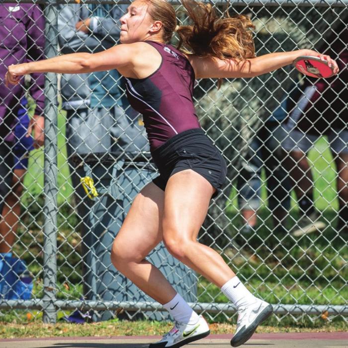 Flatonia’s Ali Janecka earns a trip to Regionals in discus on Monday at the Area Track Meet in Flatonia by taking first place. Photo by Stephanie Steinhauser