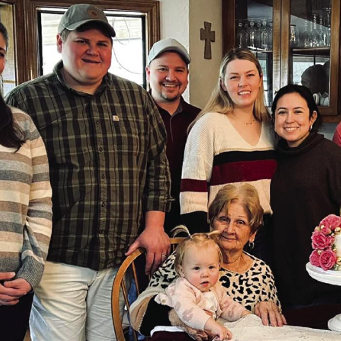 At Tracy Svrcek’s birthday in January, she, seated, celebrated with family, left to right, Kendalyn Drab, Dillon Drab, Dustin Drab, Jessica Drab, Alix Svrcek, Carson Svrcek (all the boys are her grandsons).