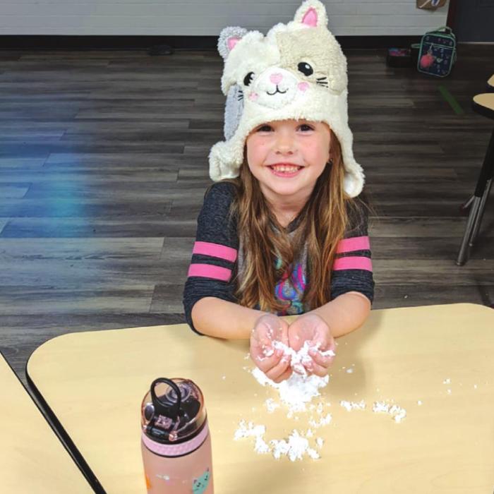 Kindergartner Rebecca Kozel on a “snow” day.