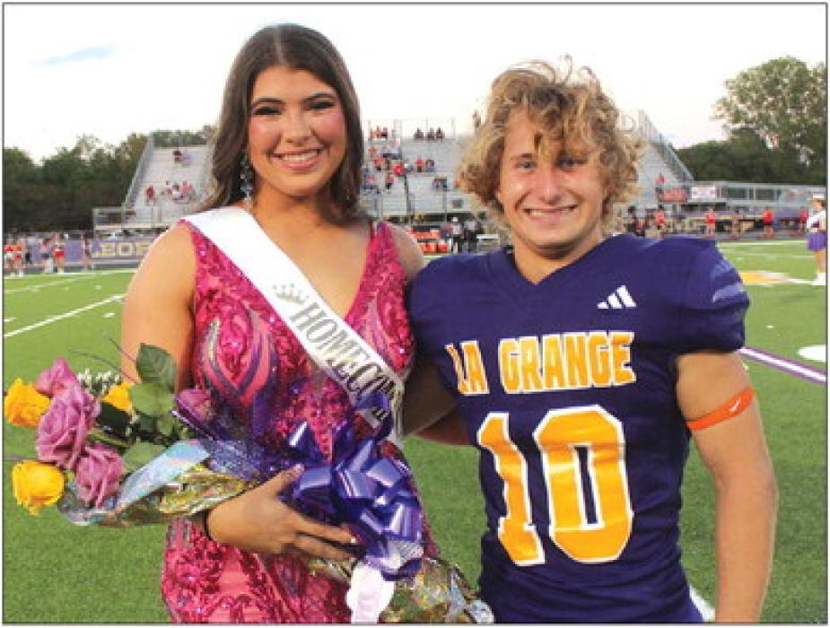 La Grange High School held its homecoming festivities last week culminating with Friday’s football game (a 63-47 Leps win over Splendora). Prior to the game, the homecoming royalty was announced. Teagan Branch, left, was the Football Sweetheart and Cody Krupala, right, was the Leopard Beau. Lots more from homecoming in Section B today. Photo by Jeff Wick