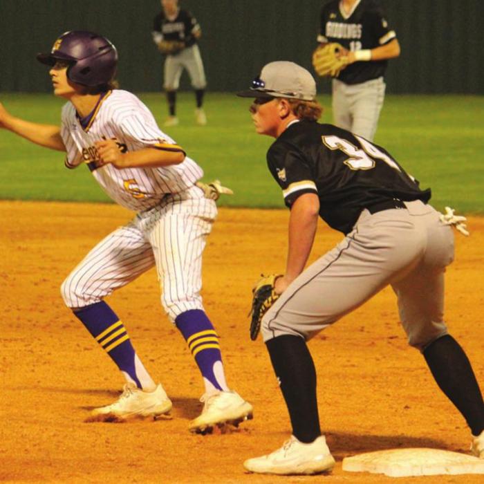 La Grange’s Bennett Barber is shown here on first base after getting the Leps’ only hit Friday. Photo by Jeff Wick