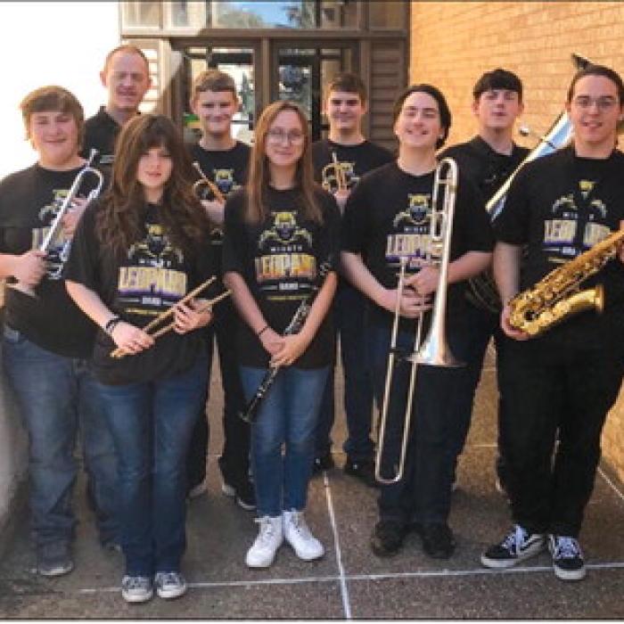 2024 LHS Polka Band: Kevin Karstedt, Robyn Boehm, William Rausl, Chloe Coufal, Mason Oppermann, Kameron Behrens, Jacob Bridgefarmer, Devin Cooper. Not pictured: Melanie Janacek.