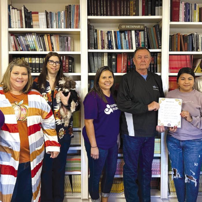 Pictured from left: Windi Raphael-PAT, Karen Hoskins-PAT, Niki Slovacek-HMG, Gina Martinez-PAT, Weimar Mayor Milton Koller, Lorena Hernandez-PAT, Sherise Davis -PAT, Josue Rivas-PAT.