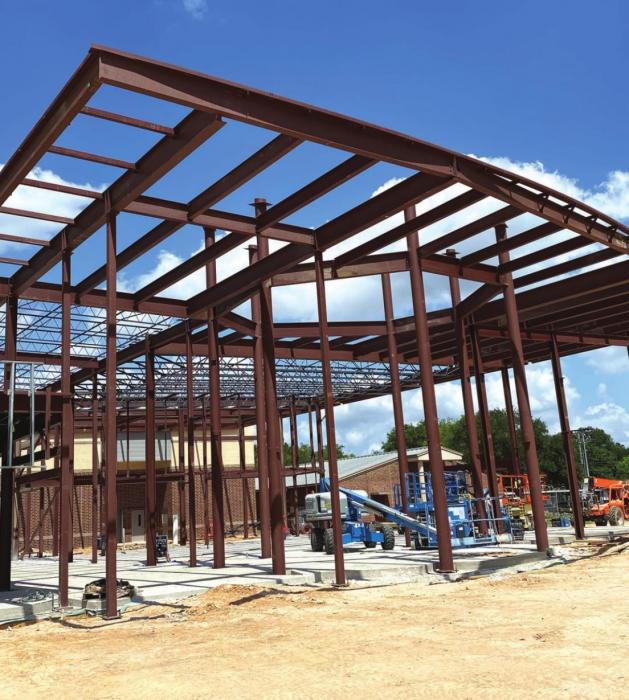 The steel framework for the grand entryway into the elementary school has taken shape. LGISD photo