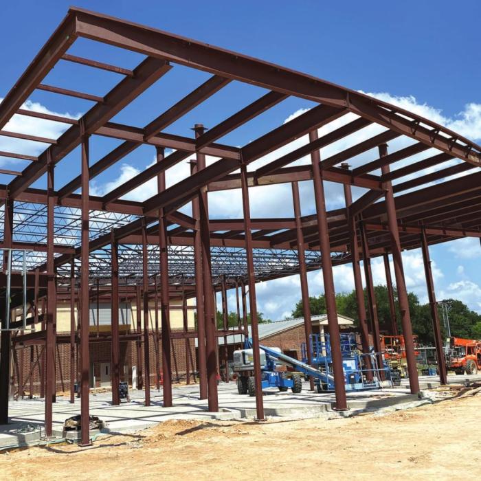 The steel framework for the grand entryway into the elementary school has taken shape. LGISD photo