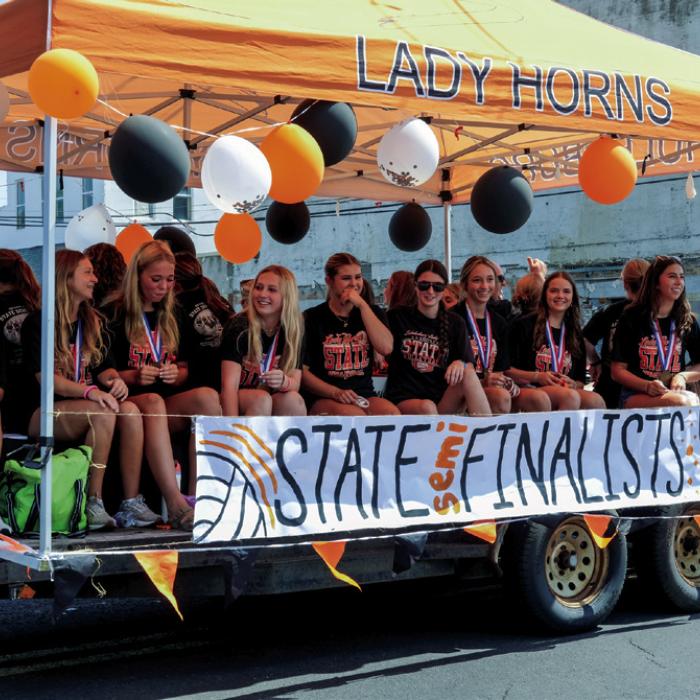 The members of the Schulenburg volleyball team were state semifinalists a year ago, and the members of that team were honored as co-parade marshals (along with Uncle Sam) in the Schulenburg Festival parade earlier this month. The Lady Horns open their 2026 season Tuesday at Sealy. Photo by Andy Behlen