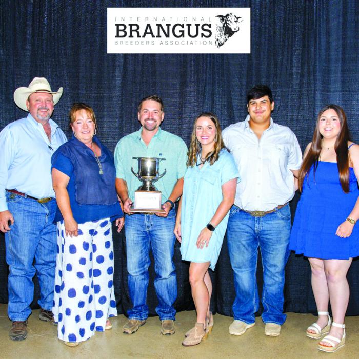 The folks from Champions Valley of Schulenburg attended the International Brazos Breeders Awards Banquet at Brazos Expo Center in Bryan on June 6. They brought home two awards: 24-25 Ultra Show Dam of the Year and 24-25 Reserve Brangus Show Heifer of the Year. These awards are an accumulation of points for the top four US Futurity Shows. Pictured from left: Gary Adamek, Karen Adamek, Zach Kalina, Michelle Kalina, Colby Guzman, and Ashton Tinney.