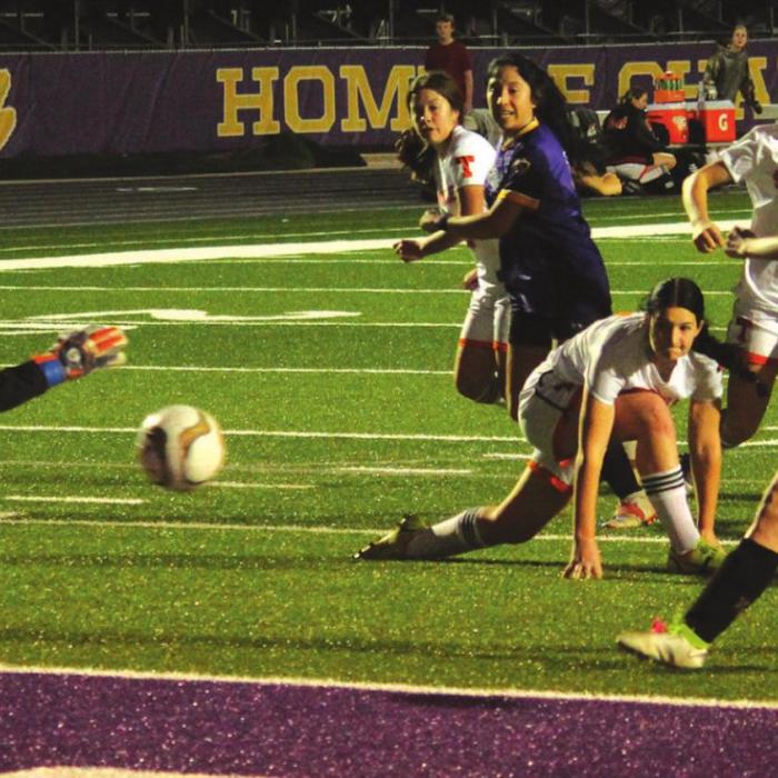 La Grange’s Megan Davis takes this shot in Tuesday’s match against Smithville. Davis scored two of the Lady Leps’ goals. Photos by Jeff Wick