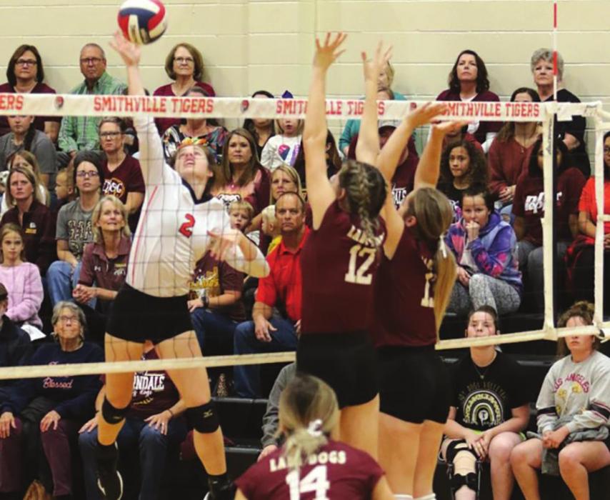 Schulenburg’s Claire Antosh spikes one of her team-high 11 kills in Monday’s playoff victory over Thorndale in Smithville. Photos by Audrey Kristynik