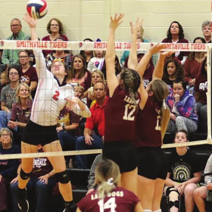 Schulenburg’s Claire Antosh spikes one of her team-high 11 kills in Monday’s playoff victory over Thorndale in Smithville. Photos by Audrey Kristynik
