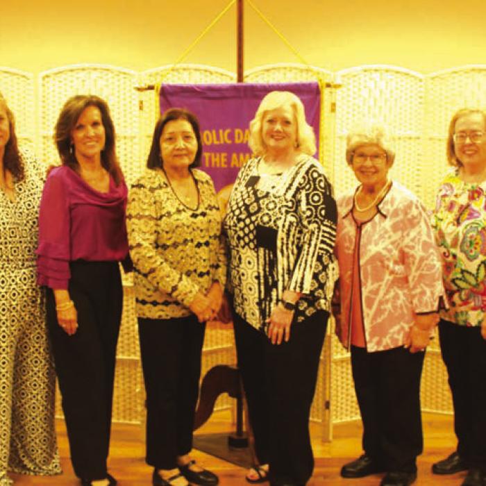 Court Annunciation No. 1962 Scholarship Committee with Court Chaplain Fr. Chris Smith, from left, Peggy Supak, Tina Ocon, Marilyn Freedman, Beatrice Ortiz, Brenda Seberger, Co-Chairmen Stacy Ryza and Elizabeth Kallus, and not pictured Theresa Mueller.
