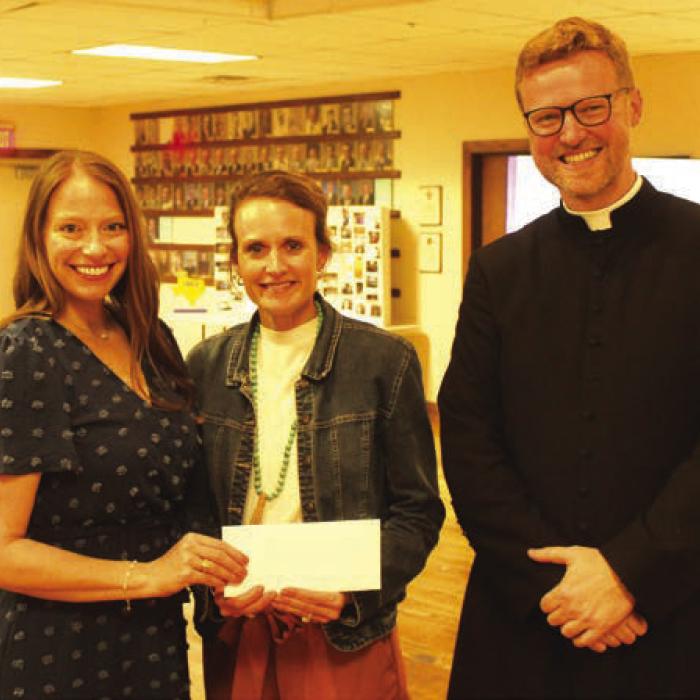 $500.00 Donation to Sacred Heart Catholic School was presented by Treasurer Aimee Krause while Regent Sherry Hebert made the announcement and it was accepted by Principal Karissa Kleiber and Fr. Chris Smith.