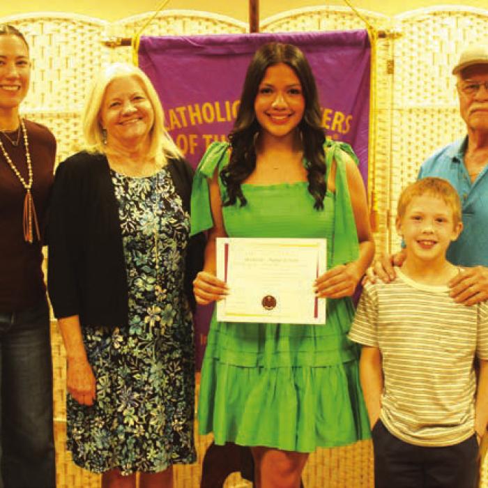 Marge Rosenberg Memorial Scholarship was awarded to Natalia Soto for being an Outstanding Member of JCDA Court Annunciation No. 1962. Presenters were Jamie Thill, Laurie and Ray Logan, and Dylan Logan.
