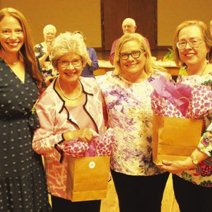 Stacy Ryza and Elizabeth Kallus were thanked for their many years of being Co-Chairmen of the Court Annunciation No. 1962 annual family dinner; from left, Treasurer Aimee Krause, Stacy Ryza, Recording Secretary Carolyn Weishuhn, and Elizabeth Kallus.