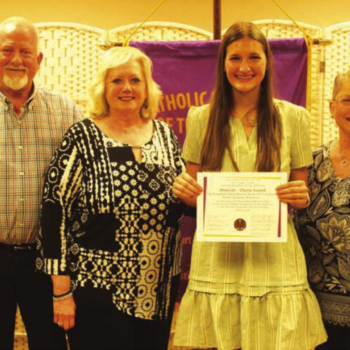 Josephine Huelsebusch Memorial Scholarship was awarded to Elena Supak for being an Outstanding Member of JCDA Court Annunciation No. 1962. Presenters were Brenda and Steve Seberger, and Becky Levy.